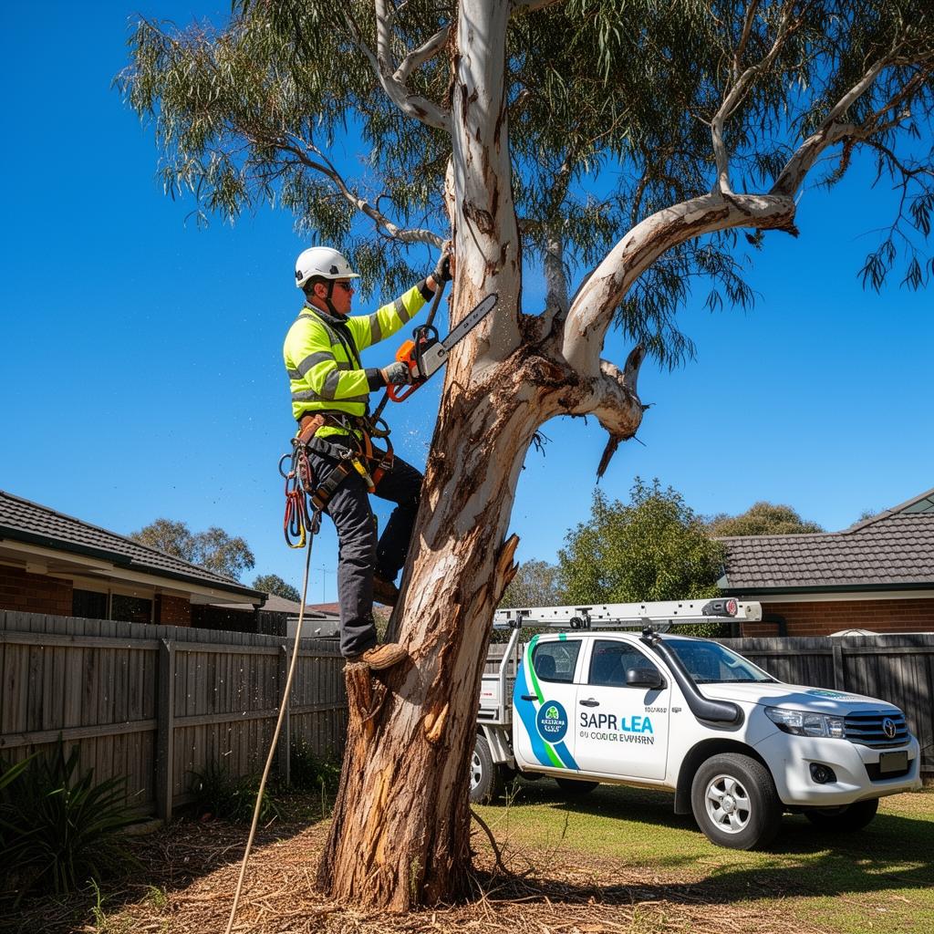 Qualified arborist from Titan Tree Tech Services pruning a gum tree in Melbourne's south-east